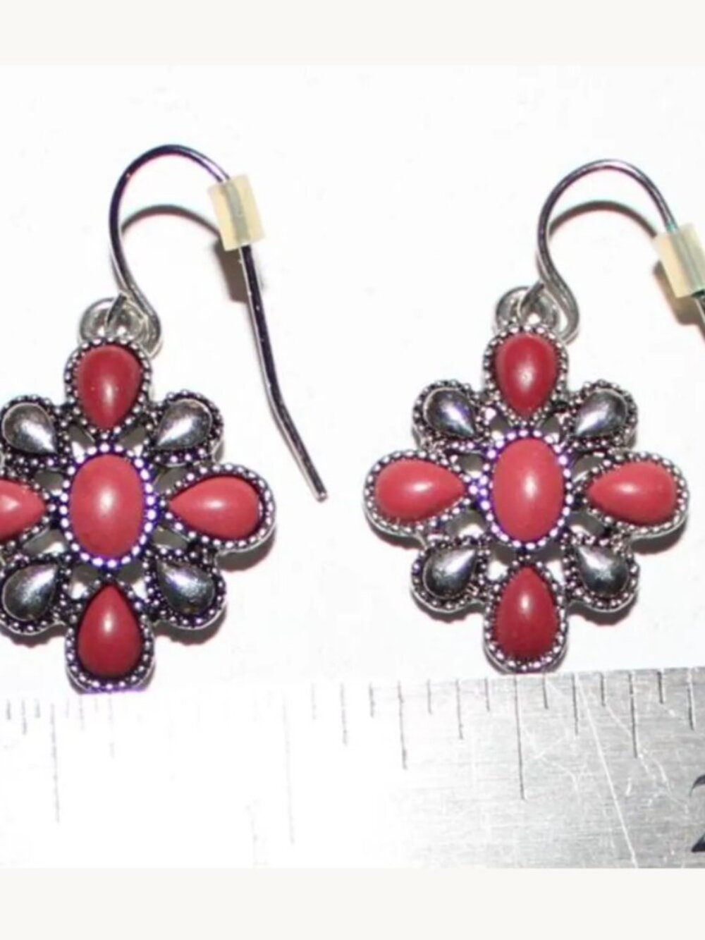 Vintage CHAPS Silver-Tone Red Floral Cluster Dangle Earrings